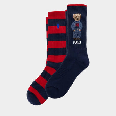 2 Pack Denim Bear Crew Socks in Navy/Red