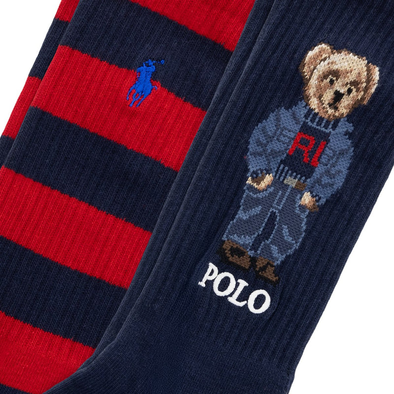 2 Pack Denim Bear Crew Socks in Navy/Red