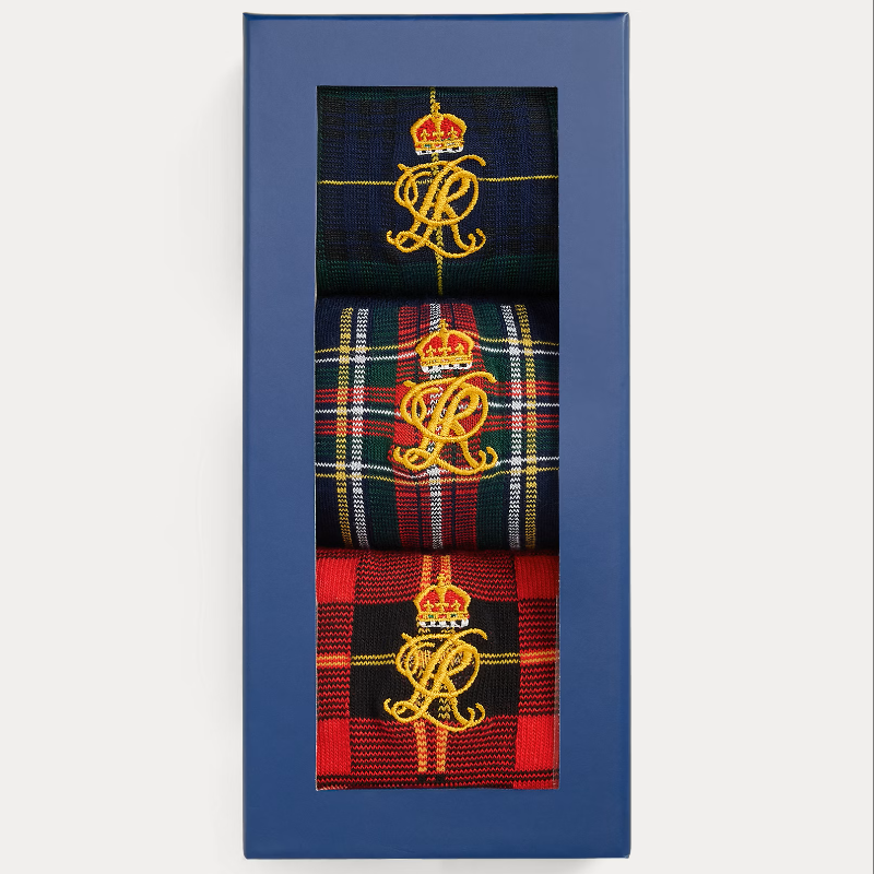 Crest-Embroidered Plaid 3-Sock Gift Set