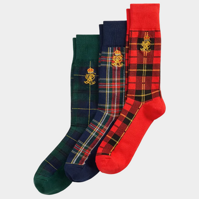 Crest-Embroidered Plaid 3-Sock Gift Set