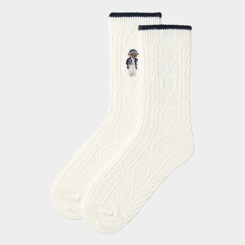 Embroidered Cable-Knit Polo Bear Socks for Her
