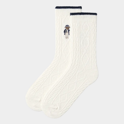 Embroidered Cable-Knit Polo Bear Socks for Her