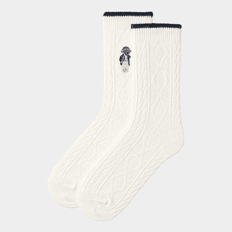 Embroidered Cable-Knit Polo Bear Socks for Her