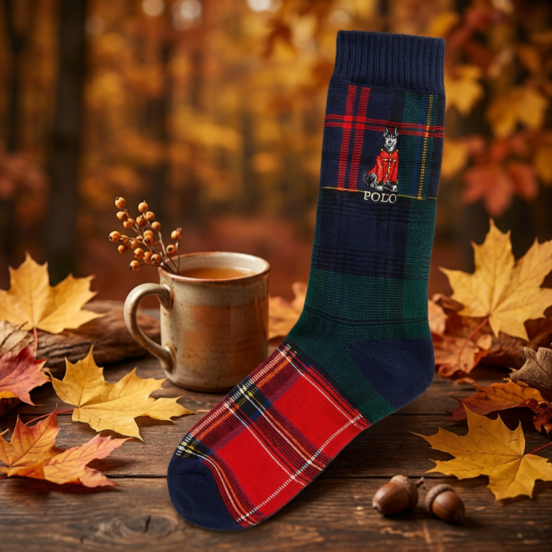 Dog-Embroidered Patchwork Plaid Socks