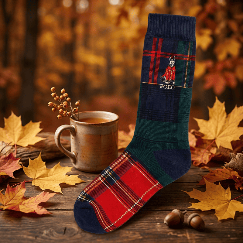 Dog-Embroidered Patchwork Plaid Socks
