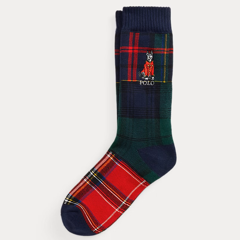 Dog-Embroidered Patchwork Plaid Socks